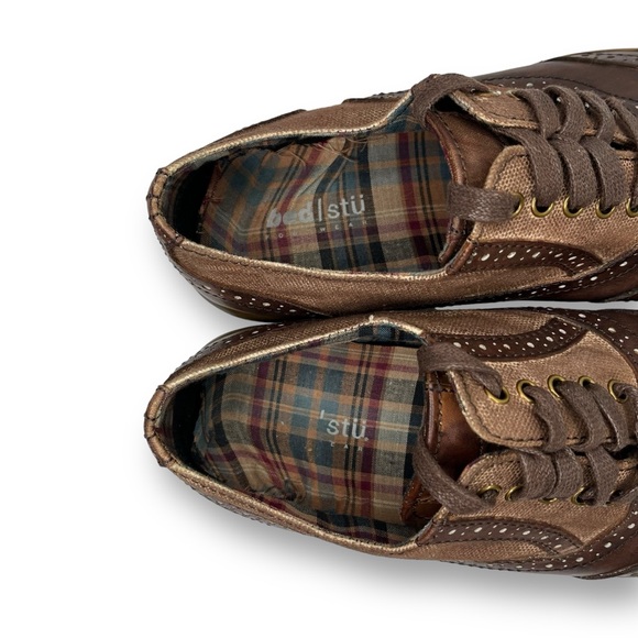 BED|STU Quinn Teak Brown Leather Canvas Distressed Wingtip Oxford Shoe 10.5 - Picture 11 of 11